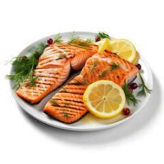 A plate of grilled salmon, with a few slices of lemon, a few sprigs of dill, and a drizzle of olive oil, isolated on white background