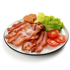 A plate of freshly cooked bacon, with a few slices of tomatoes and lettuce, isolated on white background