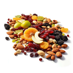 A freshly made snack, with a variety of fruits, nuts, and seeds, isolated on white background