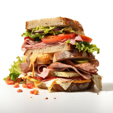 A freshly prepared sandwich, with a variety of vegetables, meats, and condiments, isolated on white background