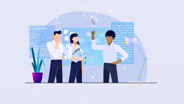 2d Animated Businessmen And Woman Discussing Sharing Ideas With Various Gestures And Postures.