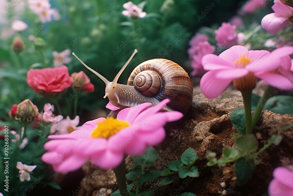 Aufkleber a snail with a shell made of flowers.