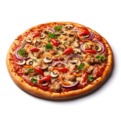 A pizza with a golden-brown crust, topped with a variety of colorful vegetables, isolated on white background