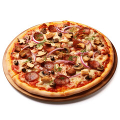 A pizza with a golden-brown crust, topped with a variety of meats, isolated on white background