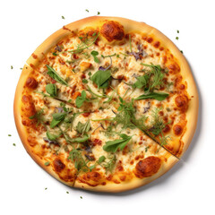 A pizza with a golden-brown crust, topped with a variety of herbs, isolated on white background