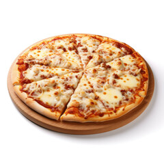 A pizza with a golden-brown crust, topped with a variety of cheeses, isolated on white background