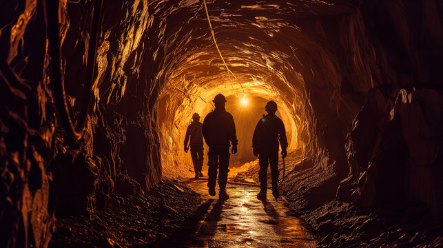 Silhouette of Group of mining labour workers walks through dark underground tunnel coal mine with glowing head lamps