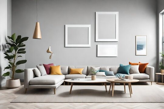 An HD image of a living room with a white frame on a light gray wall, surrounded by minimalistic furniture in a variety of bright and solid colors.