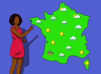 Miss météo France, weather girl France, weather presenter on TV, with a map of the France