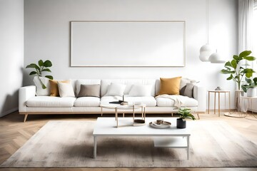Fototapeta na wymiar A minimalist living room with a blank frame above a sleek, white sofa and a coffee table, all in bright solid colors.