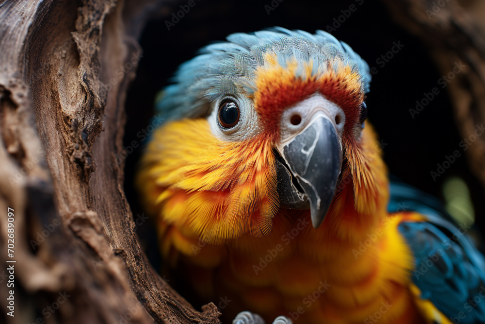 Aufkleber A curious Parrot peeking out from a hole in a tree trunk, its multicolored feathers camouflaging it within its surroundings.