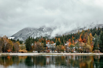 Beautiful village and resort by Lake Jasna near Kranjska gora on a moody autumn day