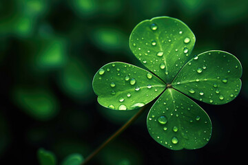 A close-up of a four-leaf clover with an intense green background and a few raindrops