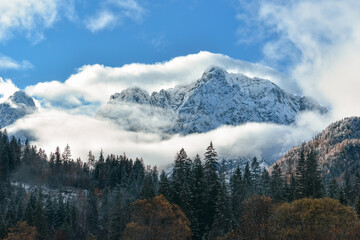 Amazing landscape with snowy mountain peaks in Julian alps near Kranjska gora in Slovenia