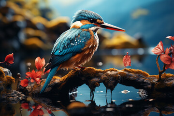 A Kingfisher perched on a branch overlooking a tranquil rainforest pond, its vibrant orange and blue feathers catching the eye.