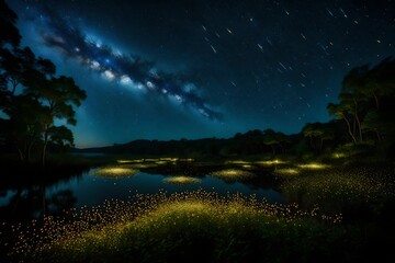 The mesmerizing dance of fireflies creating a magical glow under a starlit sky on a serene nature...