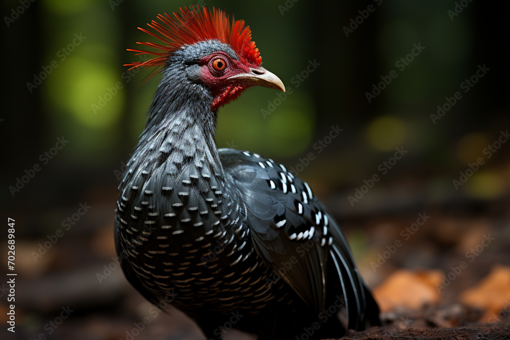 Poster a crested guan with its distinctive punk-like crest, foraging on the forest floor for fallen fruits.