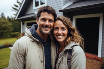 Happy couple standing in front of the house. Proud couple smiling happily standing in front of their new house.