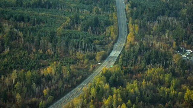 Aerial View of Almost Empty Highway in Densely Forested Landscape
