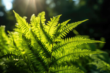 A vibrant green fern in the sunlight, with a backdrop of dense foliage
