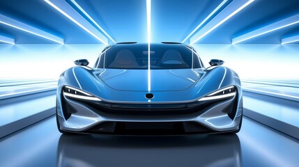 Blue sport car in futuristic interior with neon lights. 3D rendering