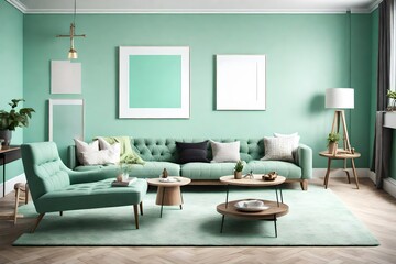 A cozy living room featuring a blank frame on a mint green wall, complemented by simple and modern furniture in bright, solid hues.