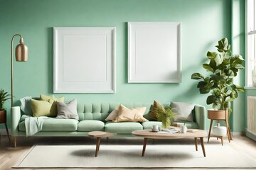 A sunlit living room captured in HD, showcasing a blank frame on a mint green wall, paired with simple and modern furniture in bright, solid colors.