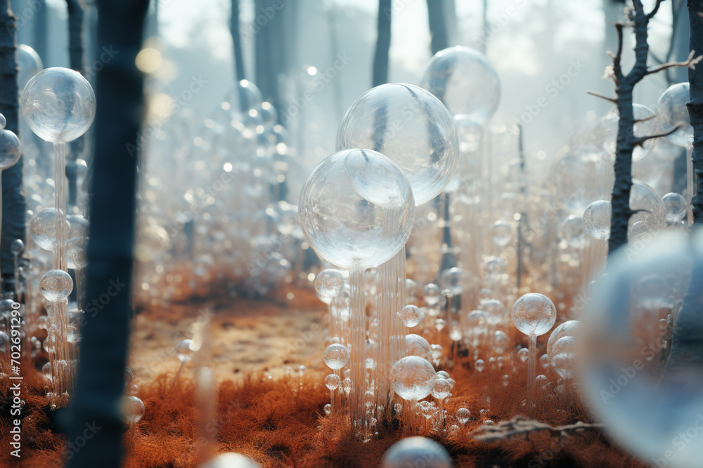 Poster an artistic representation of a bubble wrap forest, with each tree made from twisted and shaped bubb