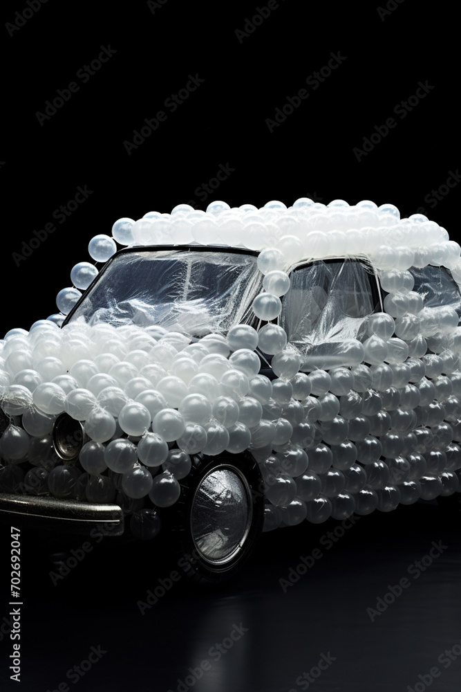 Poster a conceptual image of a bubble wrap-covered car, creating a unique, protective shell.