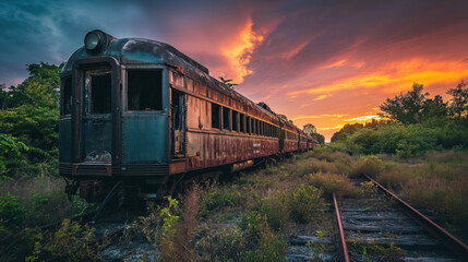 Obraz premium Abandoned train under fiery sky.