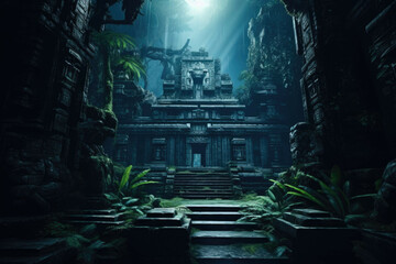 An ancient temple in a mysterious jungle, illuminated by the light of a full moon - obrazy, fototapety, plakaty