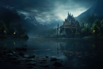 A mystical lake with a castle in the background, with a magical atmosphere