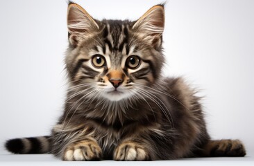 Cute cat seated on a clean white surface, pet photo