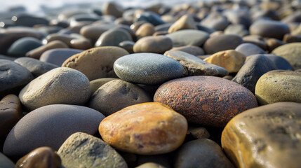 Fototapeta na wymiar Smooth pebbles on a beach at dawn.