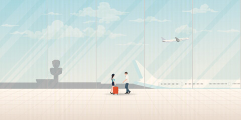Couple of lover meeting at the airport have plane and blue sky background through windows vector illustration. Journey of sweetheart concept flat design have blank space. - obrazy, fototapety, plakaty
