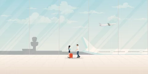 Fotobehang Couple of lover meeting at the airport have plane and blue sky background through windows vector illustration. Journey of sweetheart concept flat design have blank space. © Wasitt