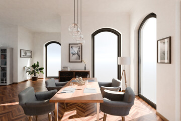 luxurious loft apartment with floor-to-ceiling windows and panoramic view; modern minimalistic interior design of living room and dining room area; bright daylight; 3D rendering