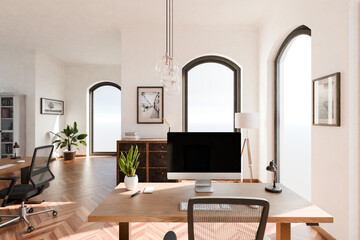 luxurious loft apartment with floor-to-ceiling windows and panoramic view; modern minimalistic interior design of workspace home office area; bright daylight; 3D rendering