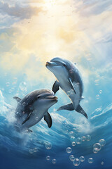 A playful scene of bubble wrap dolphins leaping out of imaginary water. - obrazy, fototapety, plakaty