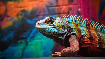 Obraz premium A stunning shot of a pet reptile, such as a snake or lizard, posed against a backdrop of vibrant abstract art. Emphasize the contrast between the exotic pet and the contemporary, artistic setting.