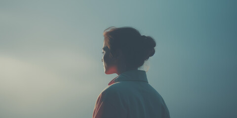 Peaceful silhouette profile of a woman, against a gradient blue sky