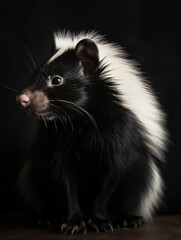 A hyper-realistic photograph of a pet skunk, highlighting the fine details of its fur and the adorable expression on its face. Use natural lighting to emphasize the skunk's unique features while maint