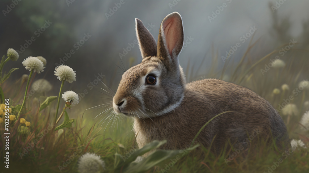 Wall mural A hyper-realistic image of a pet rabbit surrounded by rolling hills and wildflowers, capturing the bunny's fur details and the openness of the idyllic meadow. Utilize natural light to enhance the real - Wall murals