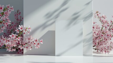 Mockup square white blank card sheet of paper with pink sakura flowers branch Background. 3D Standing greeting card weeding mockup. Generative AI