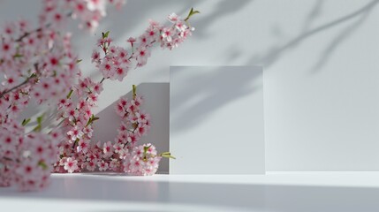 Mockup square white blank card sheet of paper with pink sakura flowers branch Background. 3D Standing greeting card valentine mockup. Generative AI