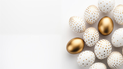 Golden Easter eggs with polka dots and copyspace.