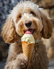 AI-generated illustration of a dog licking an ice cream cone