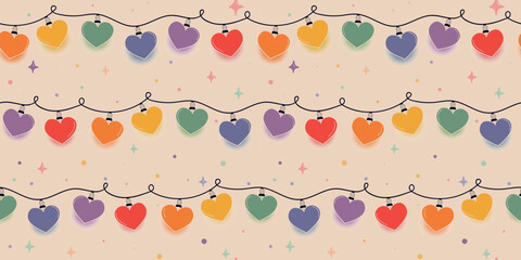 Seamless pattern with hearts hanging as a holiday garland. Vector illustration for Valentine's day decoration
