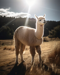 A highly detailed image of a pet llama standing gracefully in a spacious, sunlit field, capturing the fine details of its fur and the openness of the natural setting. Utilize natural light to emphasiz