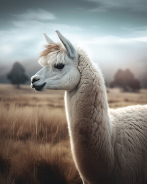 A highly detailed image of a pet llama standing gracefully in a spacious, sunlit field, capturing the fine details of its fur and the openness of the natural setting. Utilize natural light to emphasiz